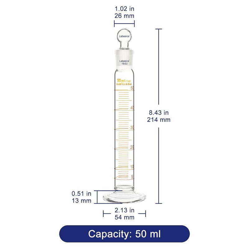 Labasics Graduated Cylinder with Stopper, 50 ml Borosilicate Glass Measuring Cylinder with 19/22 Standard Ground Joint Stopper, Durable Laboratory Glassware for Accurate Liquid Measurement - Image 4